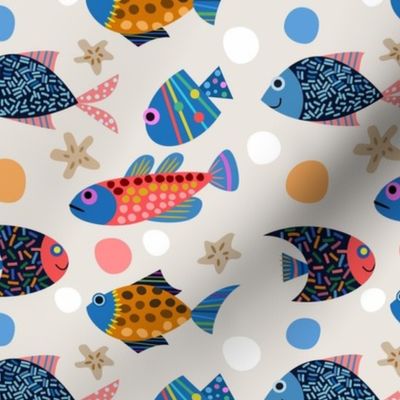 Medium Colorful Swimming Fish in Blue Gold Coral Pink