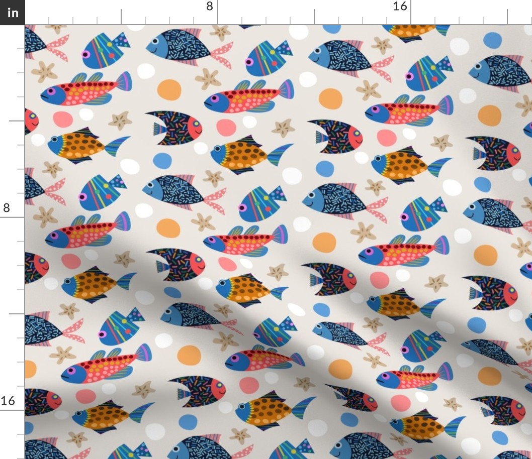 Medium Colorful Swimming Fish in Blue Gold Coral Pink