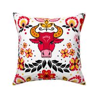 Bigger Scale Year of the Ox Folk Art in Red Gold Black and Pink