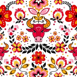 Bigger Scale Year of the Ox Folk Art in Red Gold Black and Pink