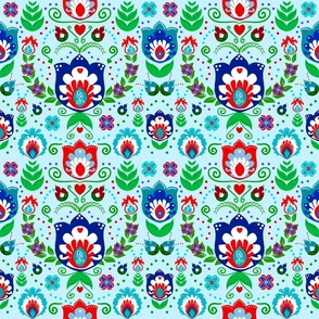 Festive Folk Art Flowers on Blue - Medium Scale