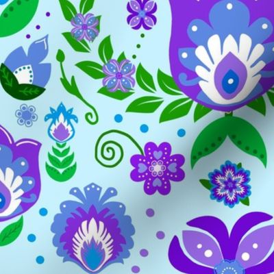 Festive Folk Art Flowers on Blue - Large Scale