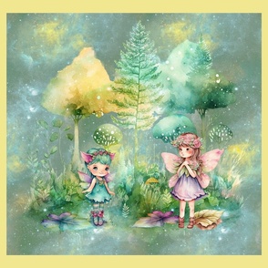 FOREST LITTLE FAIRIES PANEL GREEN AQUA FLWRHT