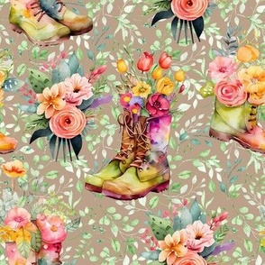 SPRING AND SUMMER FLORAL BOOTS TAUPE BROWN FLWRHT