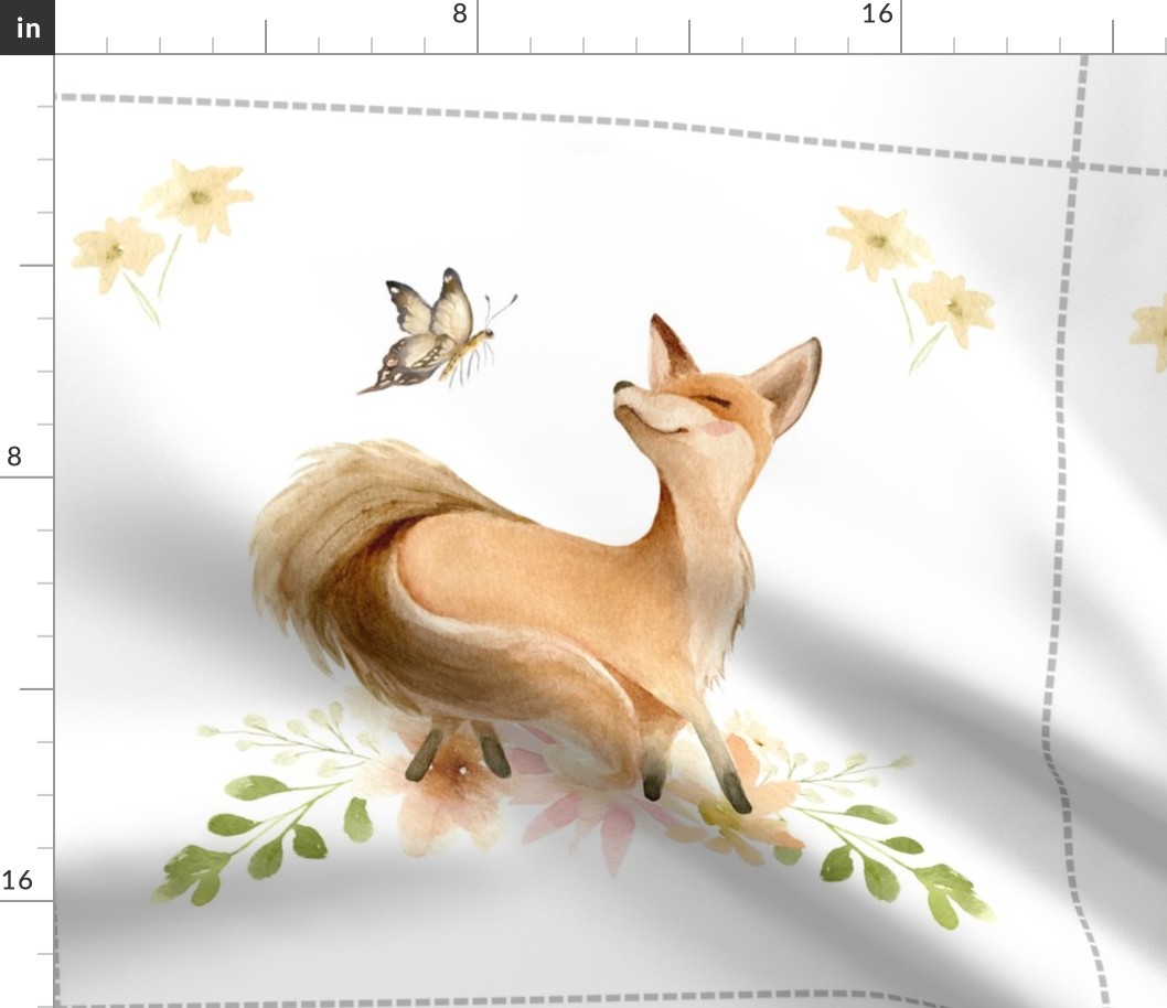 18” Forest Friends Fox Pillow Front with dotted cutting lines