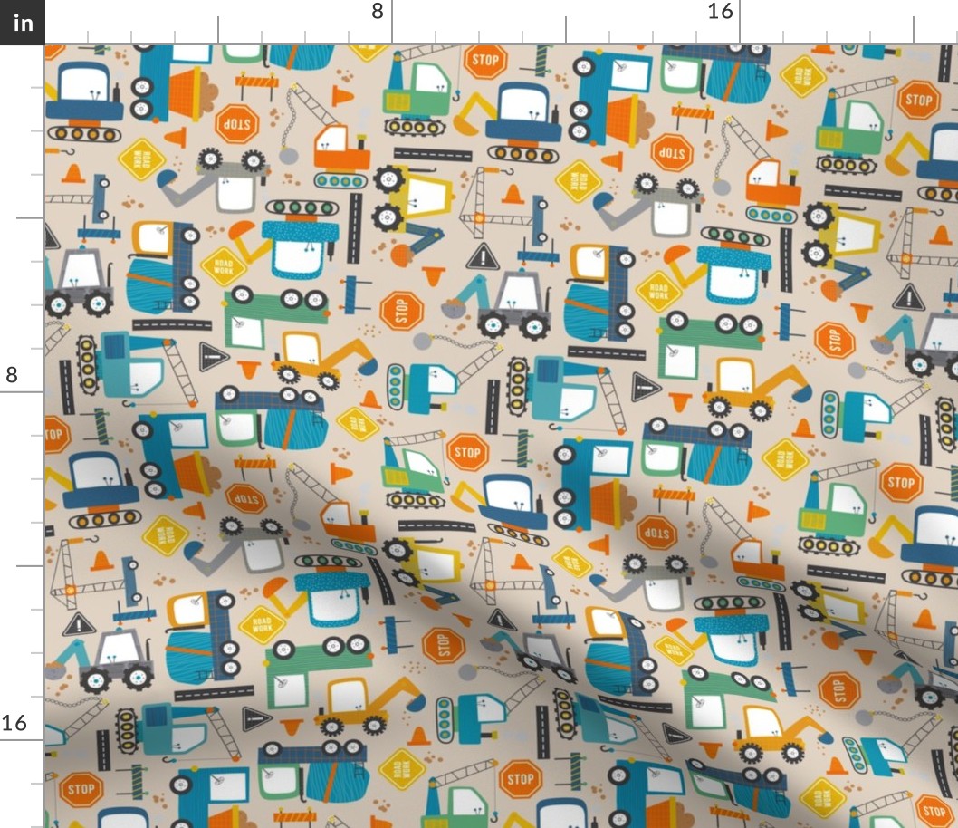 Construction trucks pattern tan small