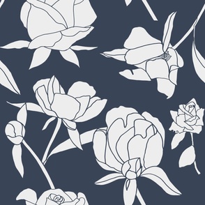 Line Drawing of Roses, Navy and Off-white (Bold print)