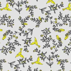 Yellow Parakeets and Flowers, Grey leaves.