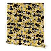 Black Cats & Coffee on Classic Yellow - Medium Scale