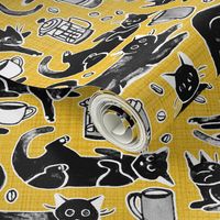 Black Cats & Coffee on Classic Yellow - Medium Scale