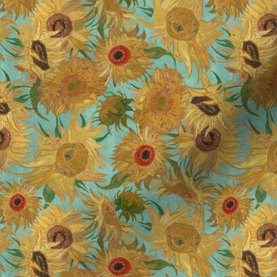 SMALL Van Gogh Sunflowers aqua saffron yellow 