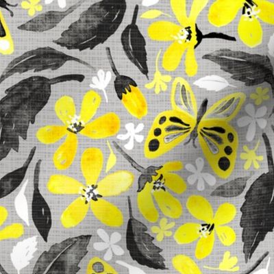 Buttercup Yellow and Silver Grey Watercolor Floral with Butterflies