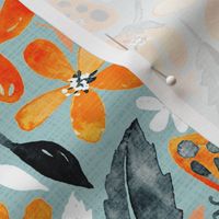 Bright Orange Blooms and Butterflies on Blue Grey