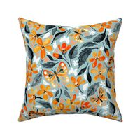 Bright Orange Blooms and Butterflies on Blue Grey