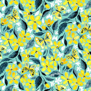 Yellow and Teal Summer Floral with Butterflies and Blooms