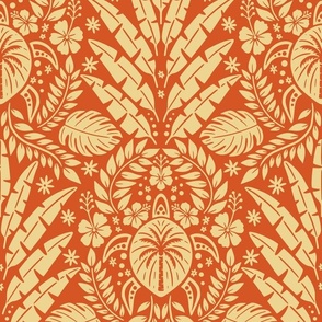 Hawaiian Damask | Large Scale | Retro Red Orange Tropical Pineapple