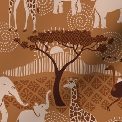Earth tone safari with elephants, giraffes and ostriches - medium scale