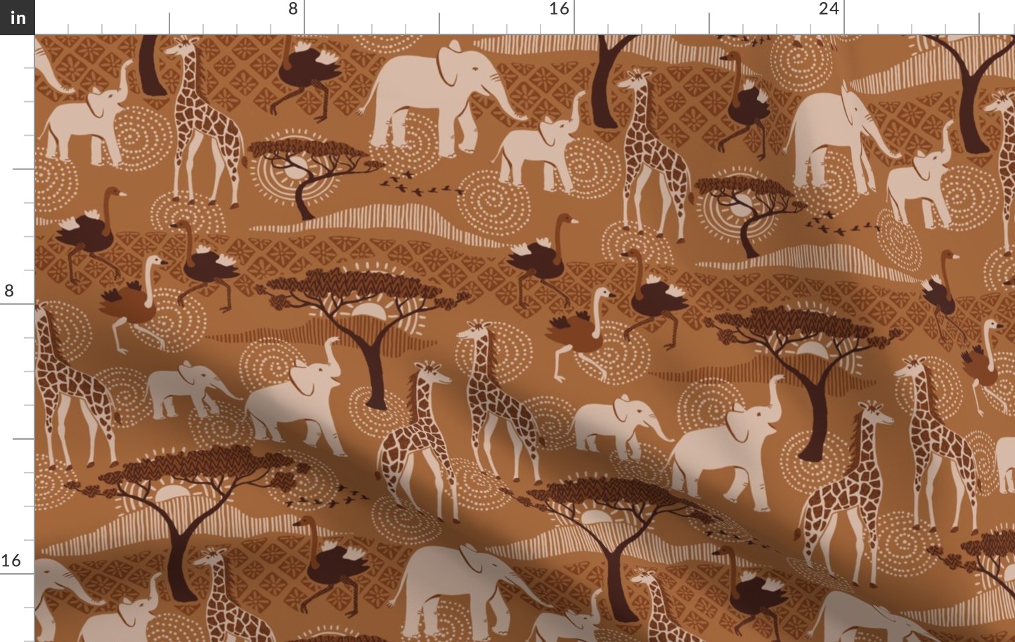 Earth tone safari with elephants, giraffes and ostriches - medium scale