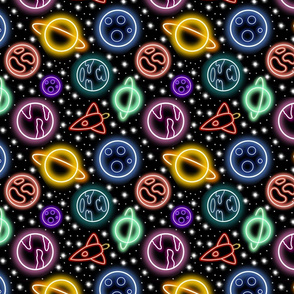 Neon space - neon colorful planets on black background 