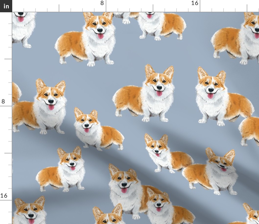 Happy Corgis on Blue - Large Scale