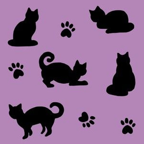 Purple and Black Cats and Paw Prints