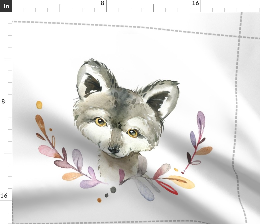 18” Nature Trails Wolf Painted Wreath Pillow Front with dotted cutting lines