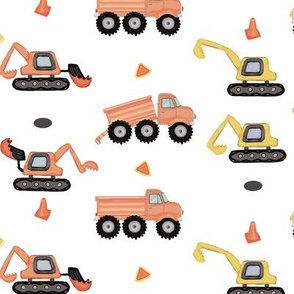 Excavators And Trucks In Columns
