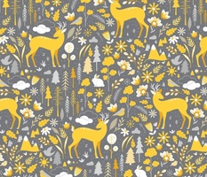 Medium Woodland Forest Animals Deer Trees Floral Gray Yellow