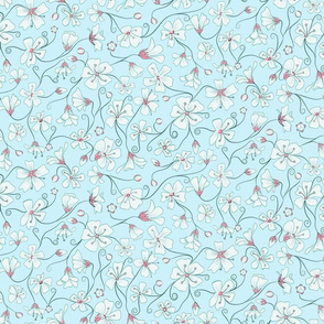 Ditsy White Flowers - Light Blue and Pink