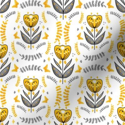 Yellow and Gray Floral Mandala // Folk Art // 8x8