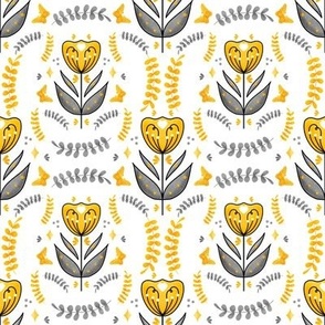 Yellow and Gray Floral Mandala // Folk Art // 8x8