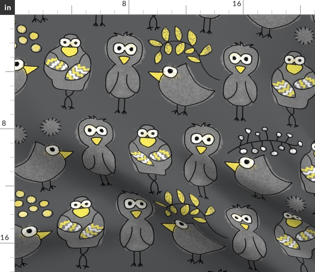 Birds in Mittens Large // Inspired by Bernie // Gray Yellow Pattern