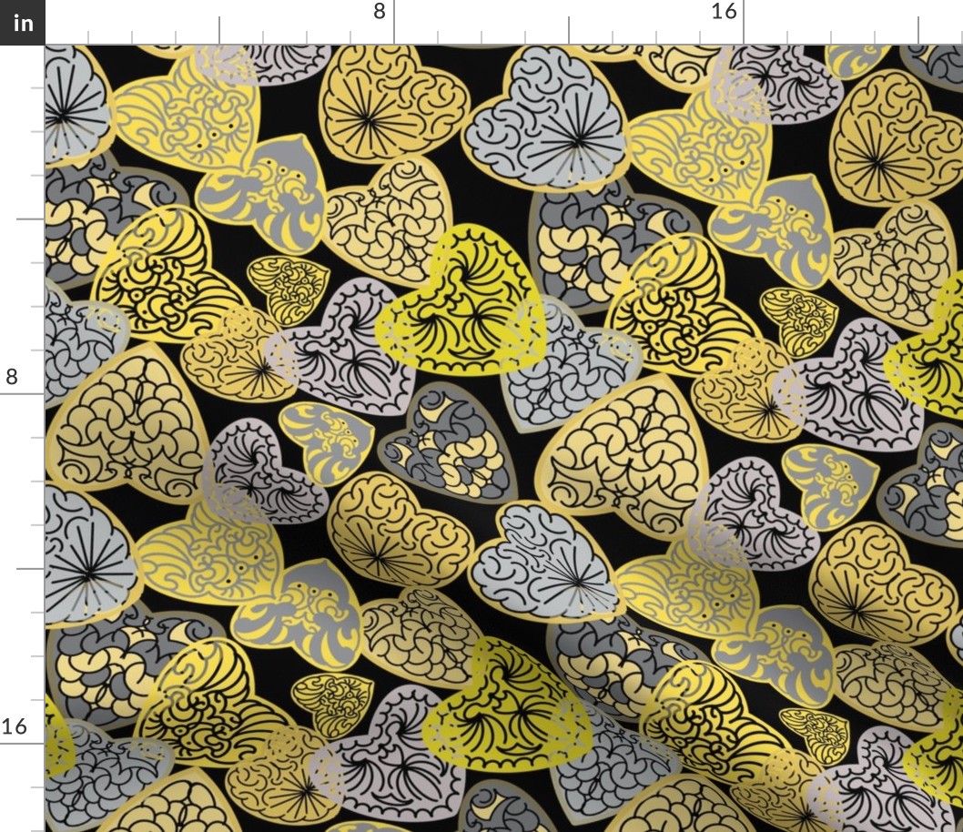 Carved Hearts-Yellow and Gray on Black