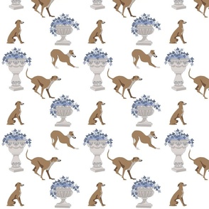 medium scale // Italian Garden Greyhound Dogs playing in the yard blue ivy potted plants dog fabric