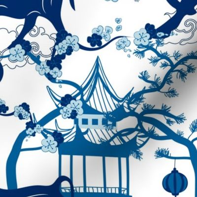 Year of the Metal Ox Toile Chinoiserie- Lunar New Year- Japanese Pagoda- Blue on White- Large Scale