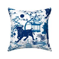 Year of the Metal Ox Toile Chinoiserie- Lunar New Year- Japanese Pagoda- Blue on White- Large Scale