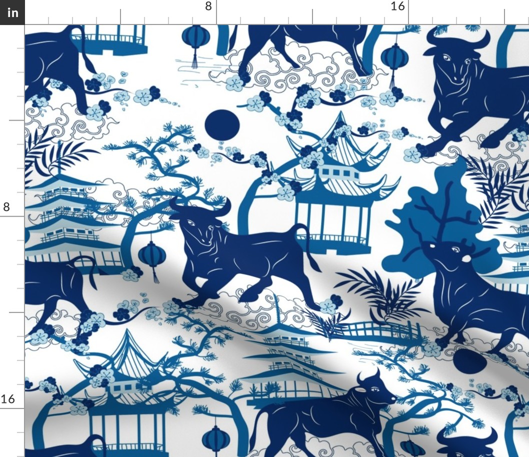 Year of the Metal Ox Toile Chinoiserie- Lunar New Year- Japanese Pagoda- Blue on White- Large Scale