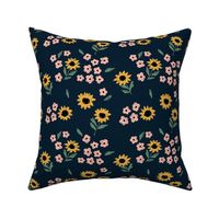 Summer sunflowers and daisies flower garden boho leaves and blossom nursery design navy blue pale blush yellow
