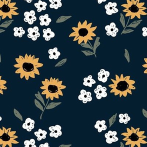 Summer sunflowers and daisies flower garden boho leaves and blossom nursery design navy blue white yellow olive green