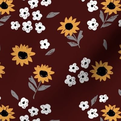 Summer sunflowers and daisies flower garden boho leaves and blossom nursery design stone red maroon yellow grey