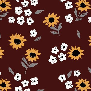 Summer sunflowers and daisies flower garden boho leaves and blossom nursery design stone red maroon yellow grey
