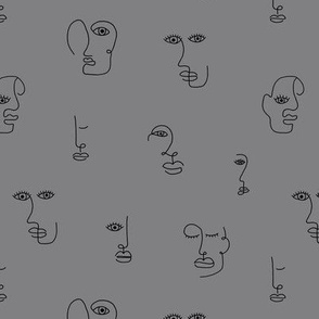 The minimalist faces picasso surrealism style inspired line drawing in ink slate grey black SMALL