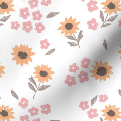 Summer sunflowers and daisies flower garden boho leaves and blossom nursery design white pink yellow summer