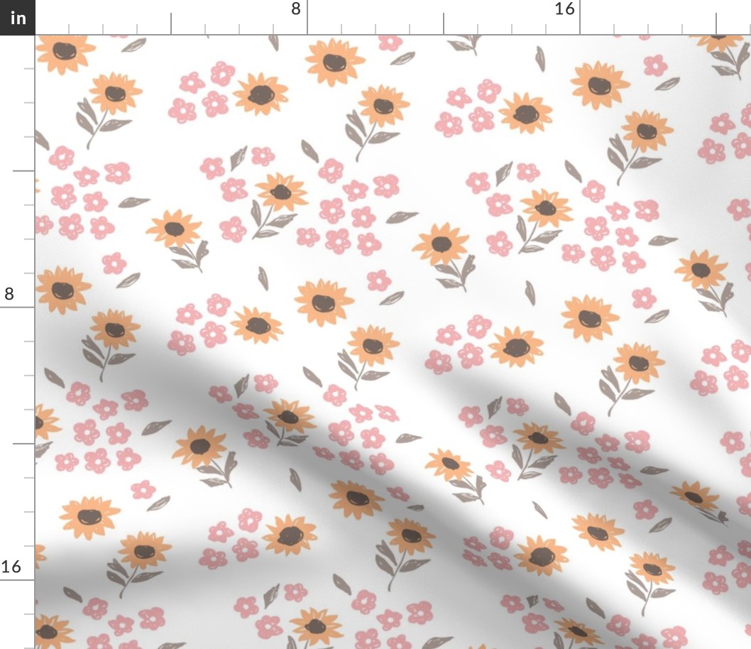 Summer sunflowers and daisies flower garden boho leaves and blossom nursery design white pink yellow summer