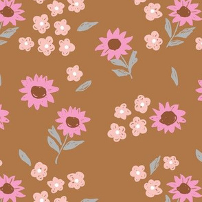 Summer sunflowers and daisies flower garden boho leaves and blossom nursery design cinnamon peach pink