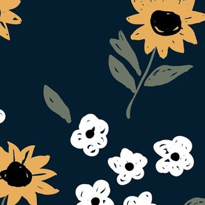 Summer sunflowers and daisies flower garden boho leaves and blossom nursery design navy blue white yellow olive green LARGE wallpaper