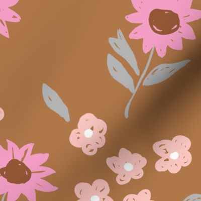 Summer sunflowers and daisies flower garden boho leaves and blossom nursery design cinnamon peach pink LARGE wallpaper