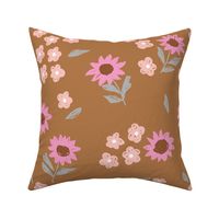 Summer sunflowers and daisies flower garden boho leaves and blossom nursery design cinnamon peach pink LARGE wallpaper