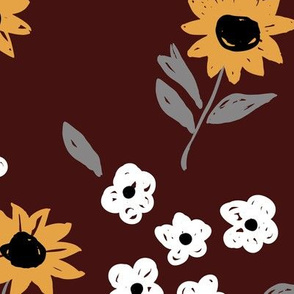 Summer sunflowers and daisies flower garden boho leaves and blossom nursery design stone red maroon yellow grey LARGE wallpaper