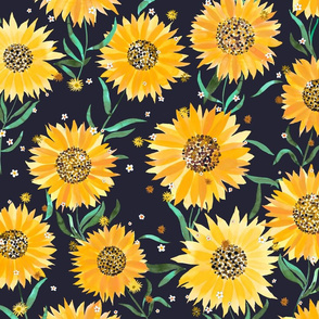 Sunflowers watercolor Yellow Black Big